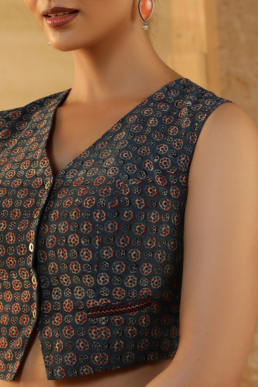 Blue Pure Silk Cotton Printed Embroidery Blouse image number null