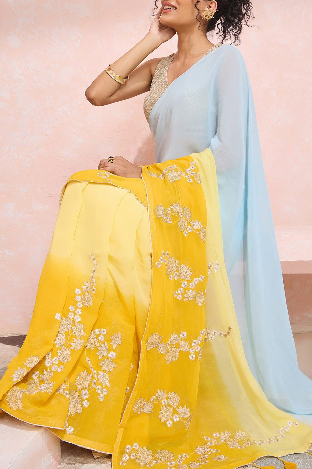 Yellow Bengal Viscose Georgette Tie and Dye Saree image number null