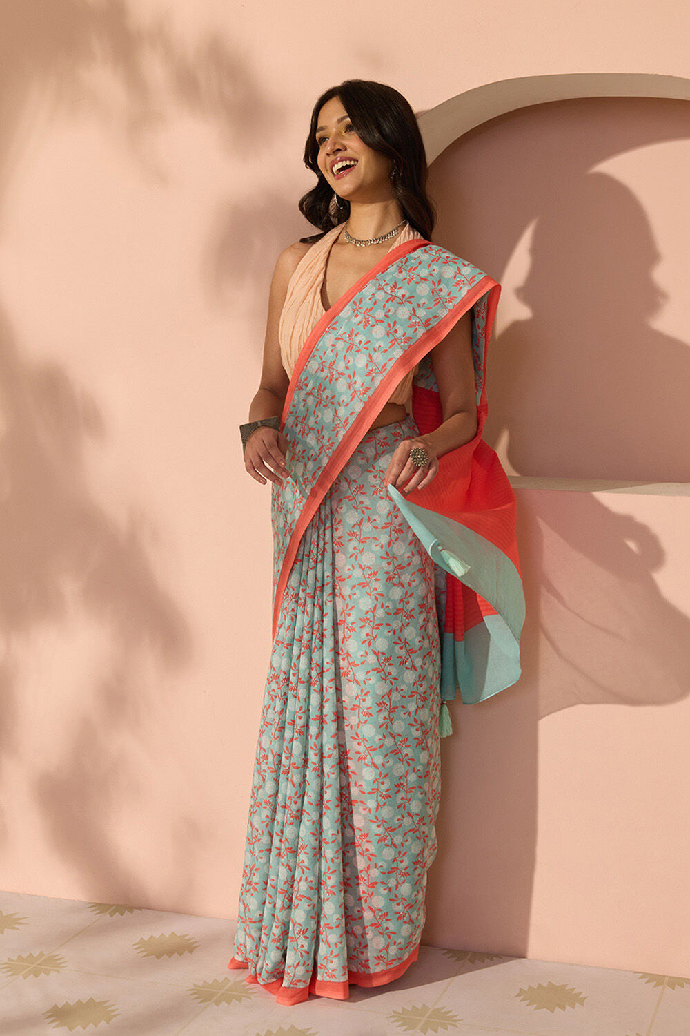 Light Blue Bengal Screen Printed Pure Cotton Mulmul Saree image number null