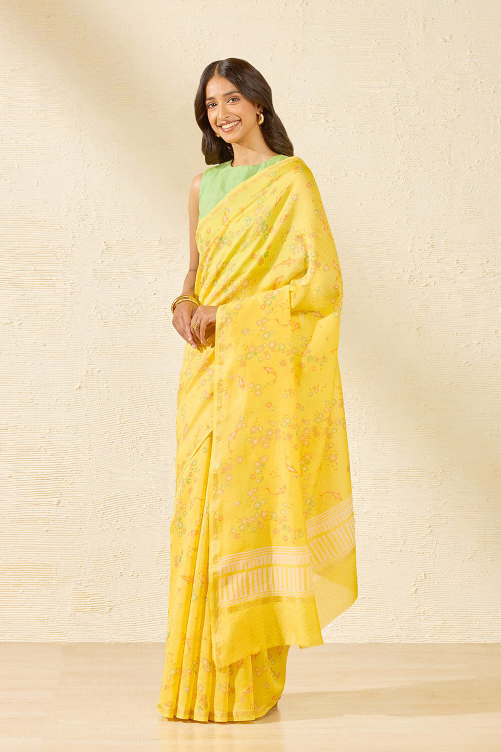 Yellow Bagru Screen Printed Pure Silk Cotton Saree image number null