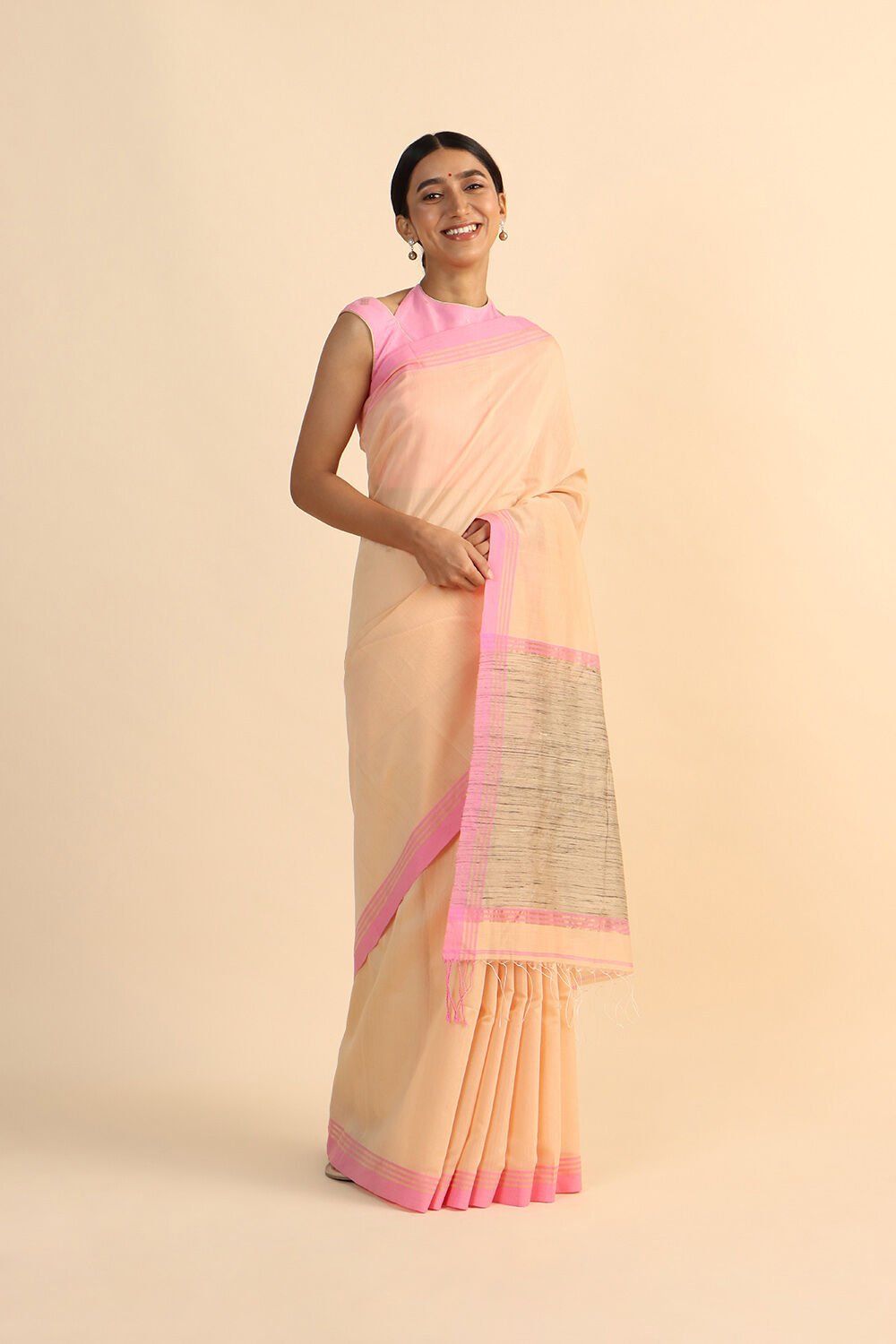 Beige Pure Silk Cotton Bengal Saree image number null