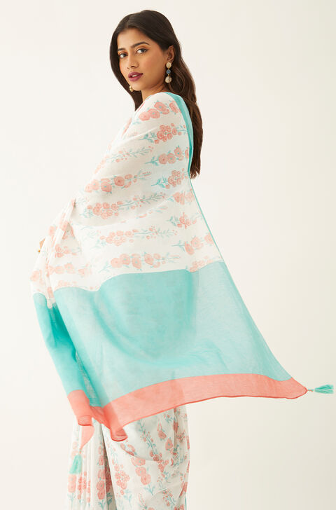 Off White Pure Cotton Mulmul Printed Saree