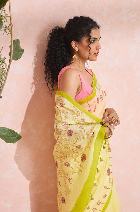 Light Yellow Bengal Silk Viscose Printed Embroidered Saree