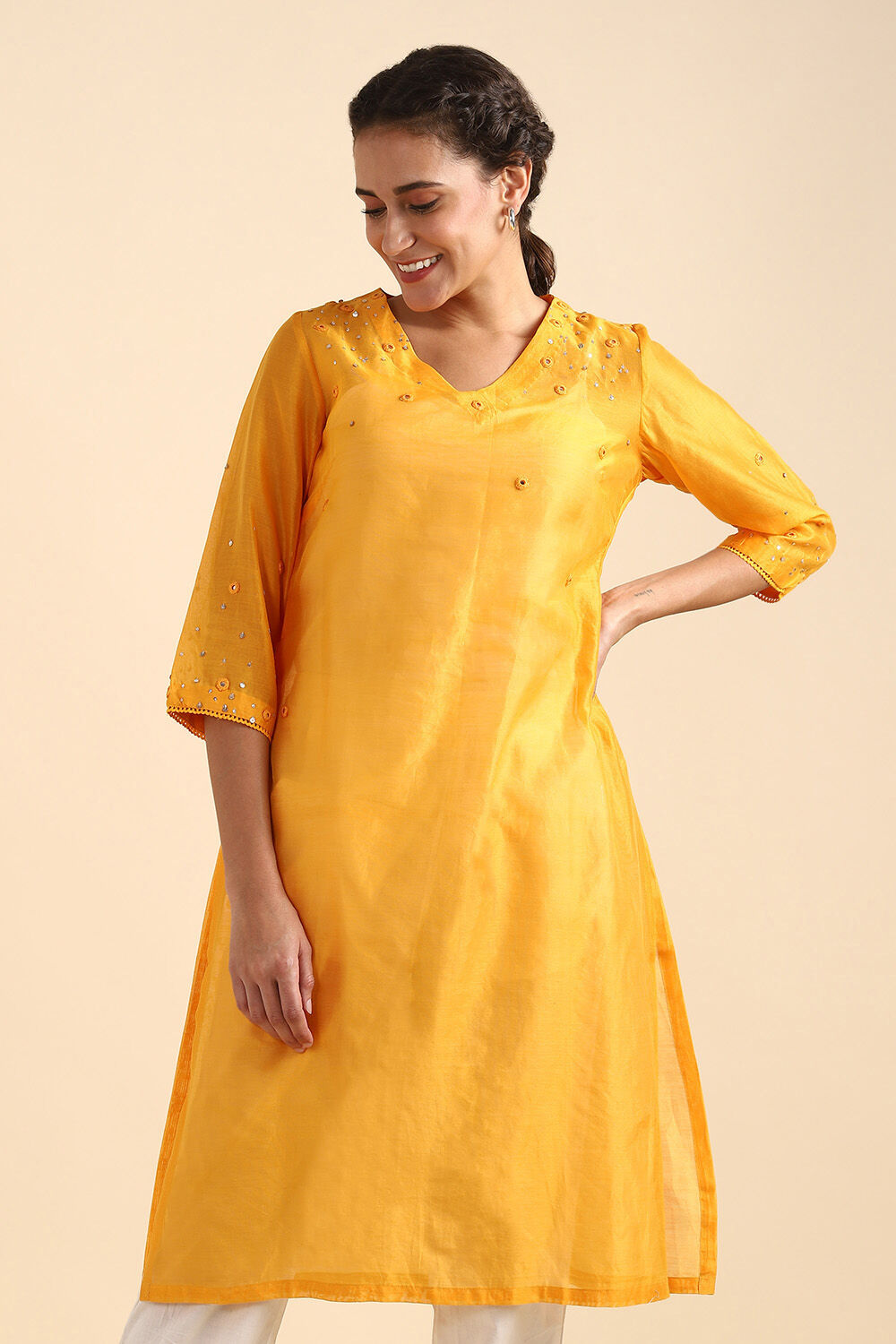 Light Orange Silk Cotton Embroidered Kurta image number null