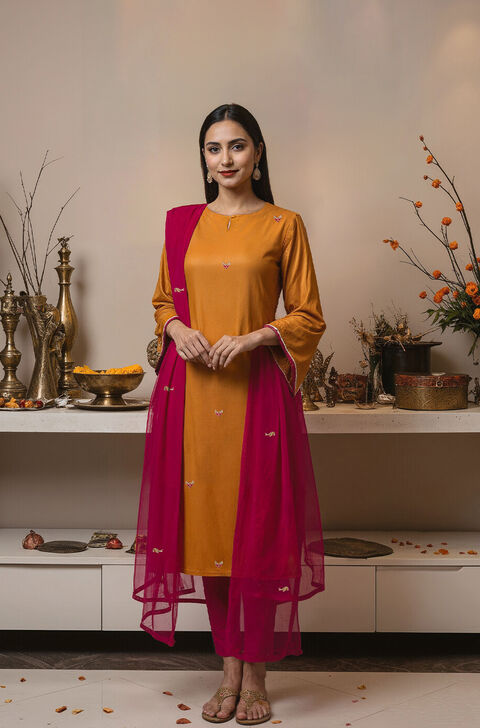 Orange Viscose Embroidered Kurta Set