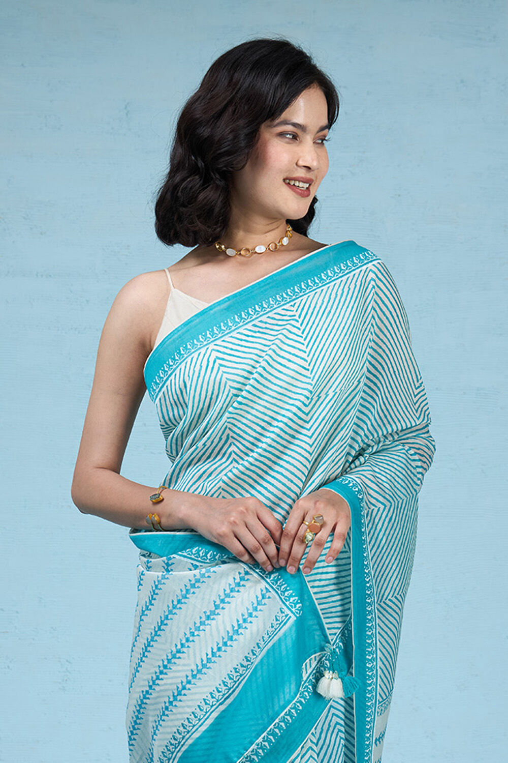 Blue Pure Silk Cotton Block Printed Bengal Saree image number null