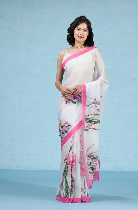 White Printed Viscose Crepe Saree