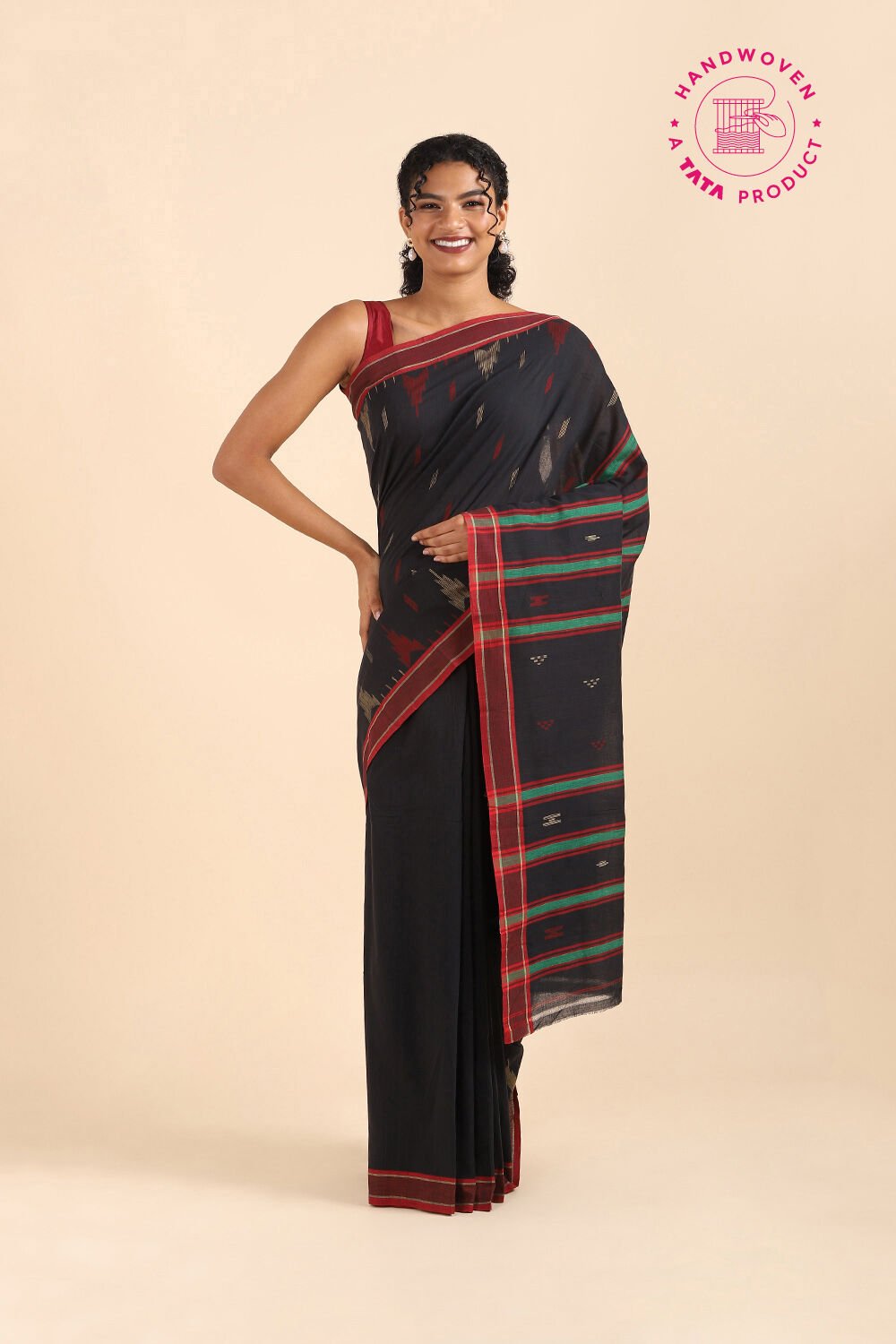 Black Pure Khadi Cotton Jamdani Saree image number null