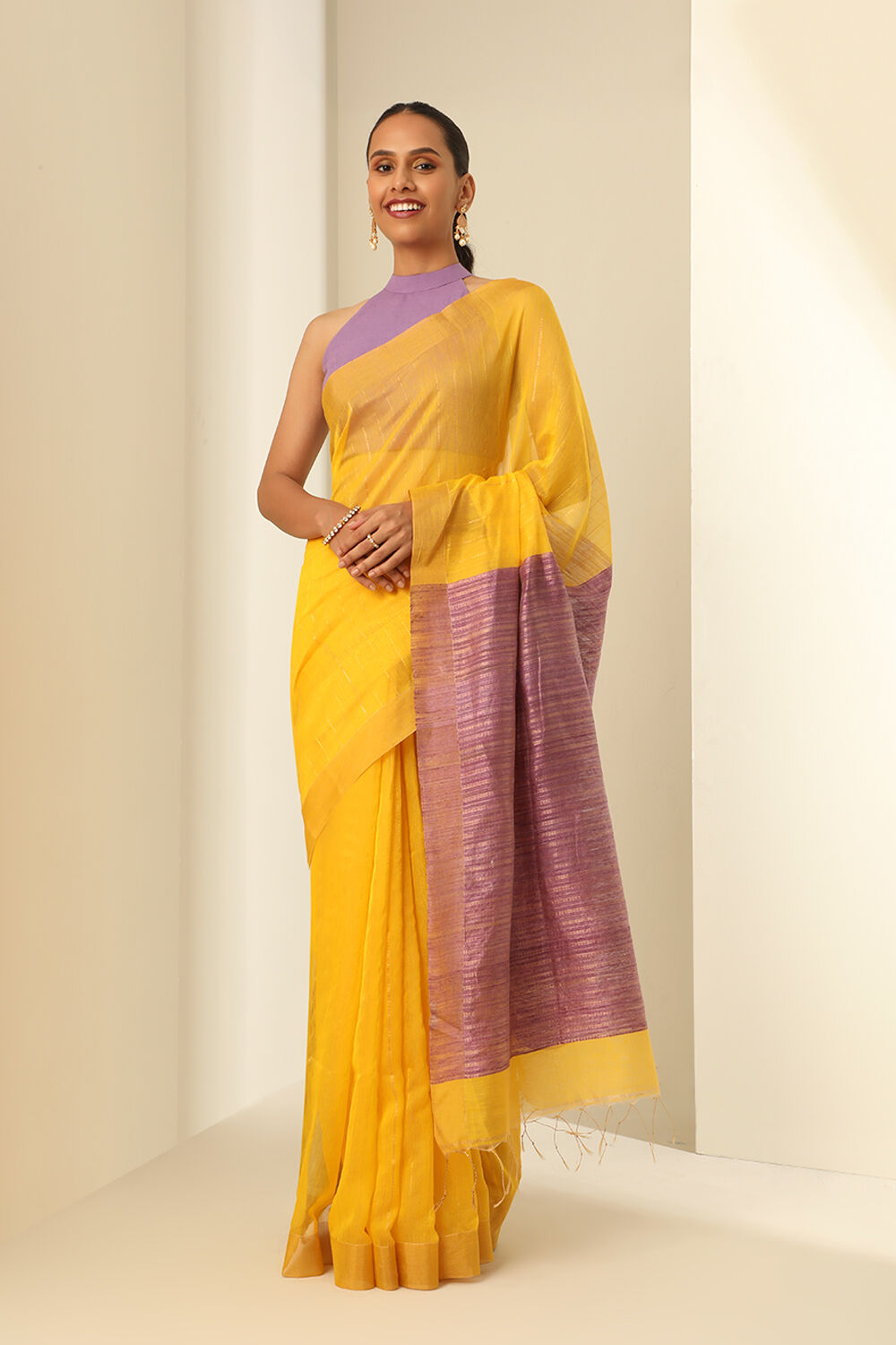 Light Yellow Pure Silk Cotton Woven Bengali Saree image number null