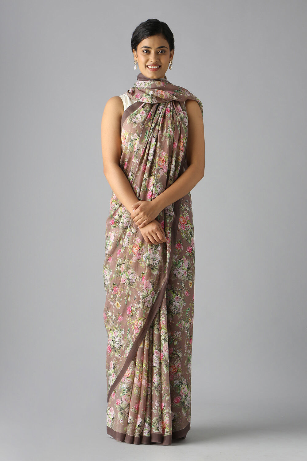 Grey  Viscose Crepe Digital Printed Saree image number null