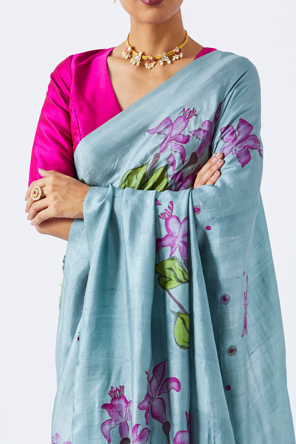 Green Pure Silk Hand Painted Saree image number null
