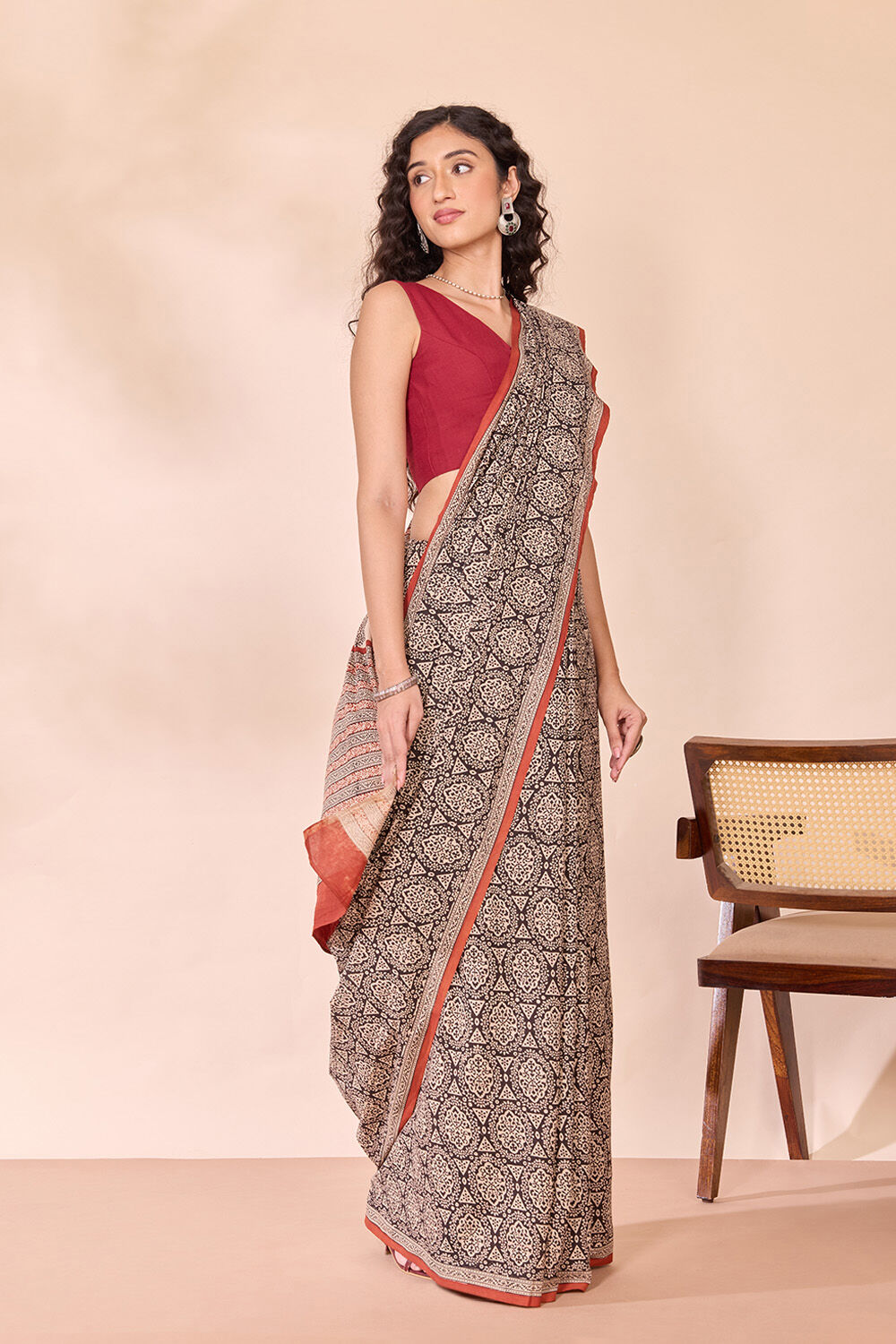 Black Rajasthan Block Printed Pure Cotton Saree image number null