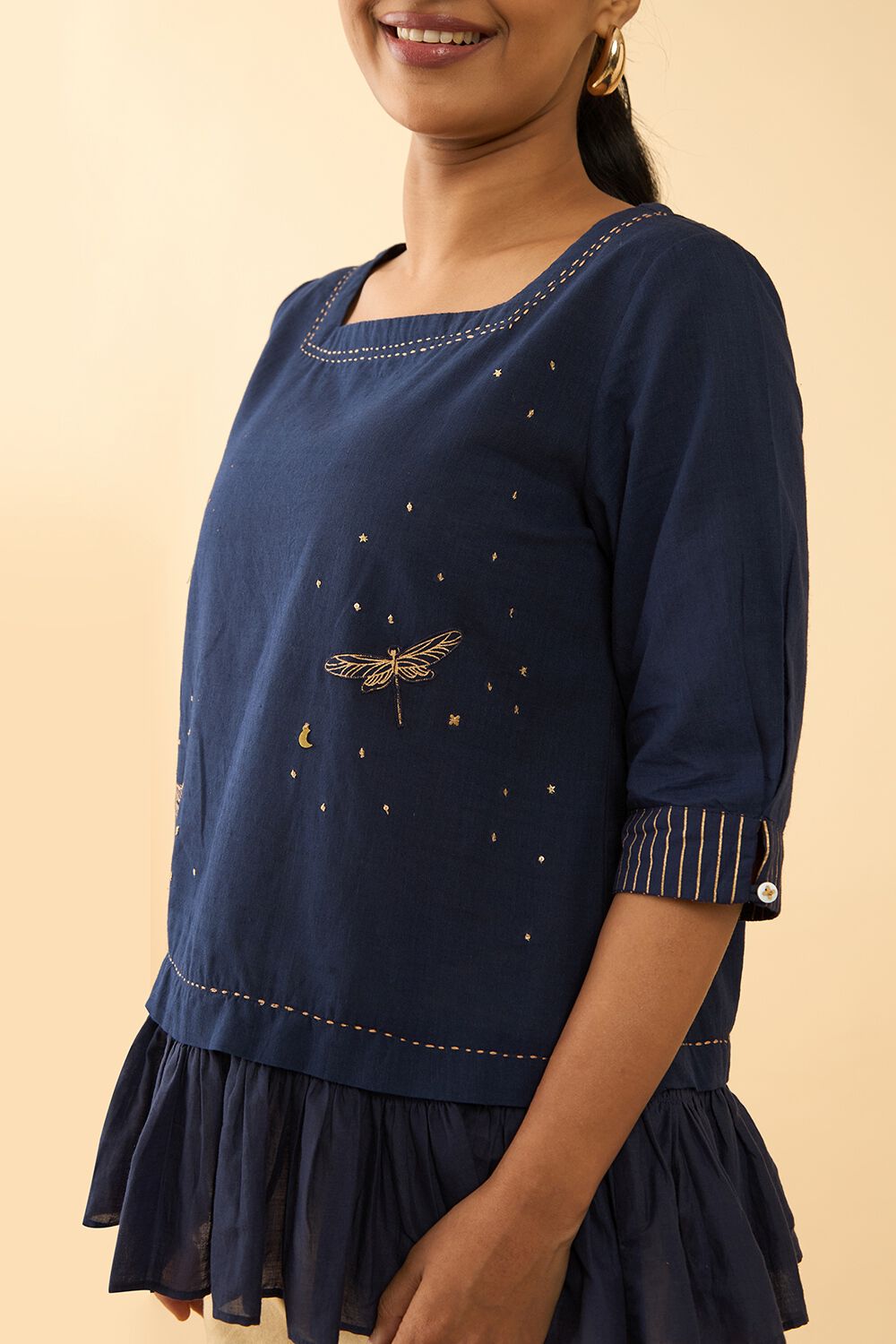 Blue Screen Printed Pure Cotton Short Top image number null