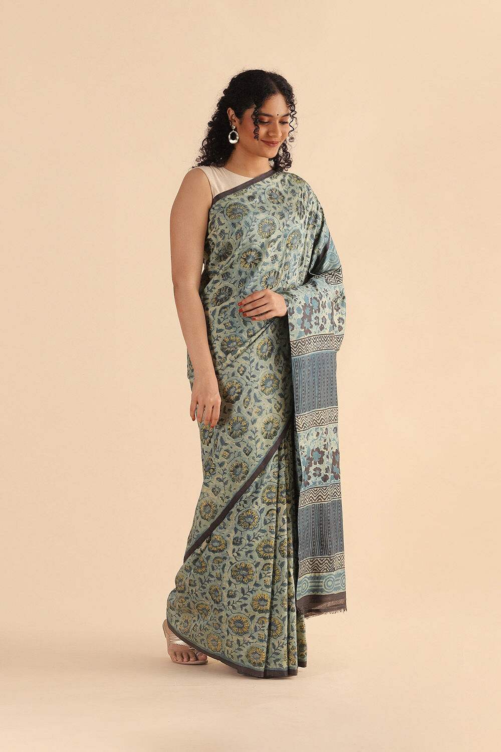 Blue Pure Silk Ajrakh Printed Saree image number null
