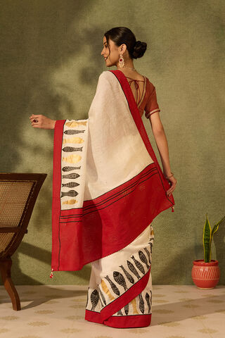 Off White Block Printed Pure Silk Linen Saree thumbnail image number null