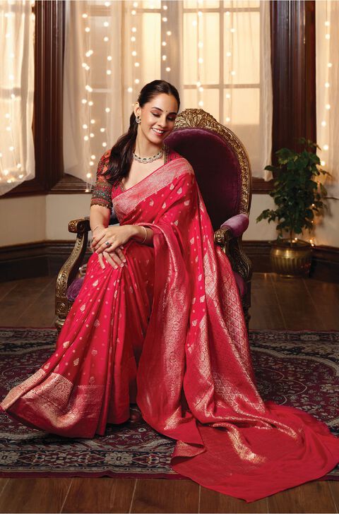 Pink Woven Pure Silk Crepe Saree