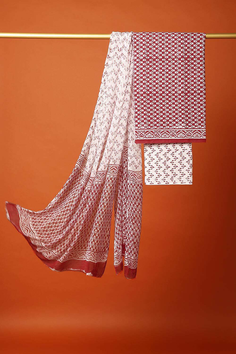 Red Cotton Sanganeri Printed Unstitched Suit Set image number null