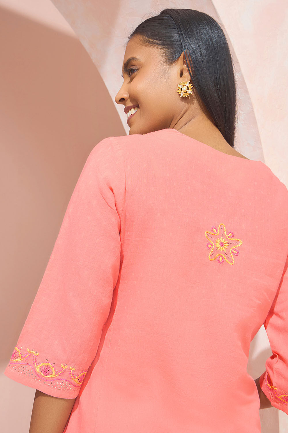 Light Orange Pure Cotton Chikankari Kurta image number null