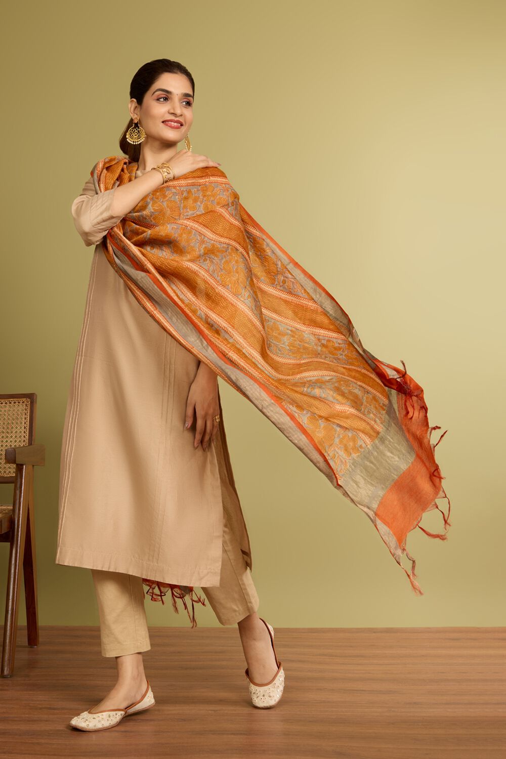 Dark Yellow Block Printed Silk Muga Dupatta image number null