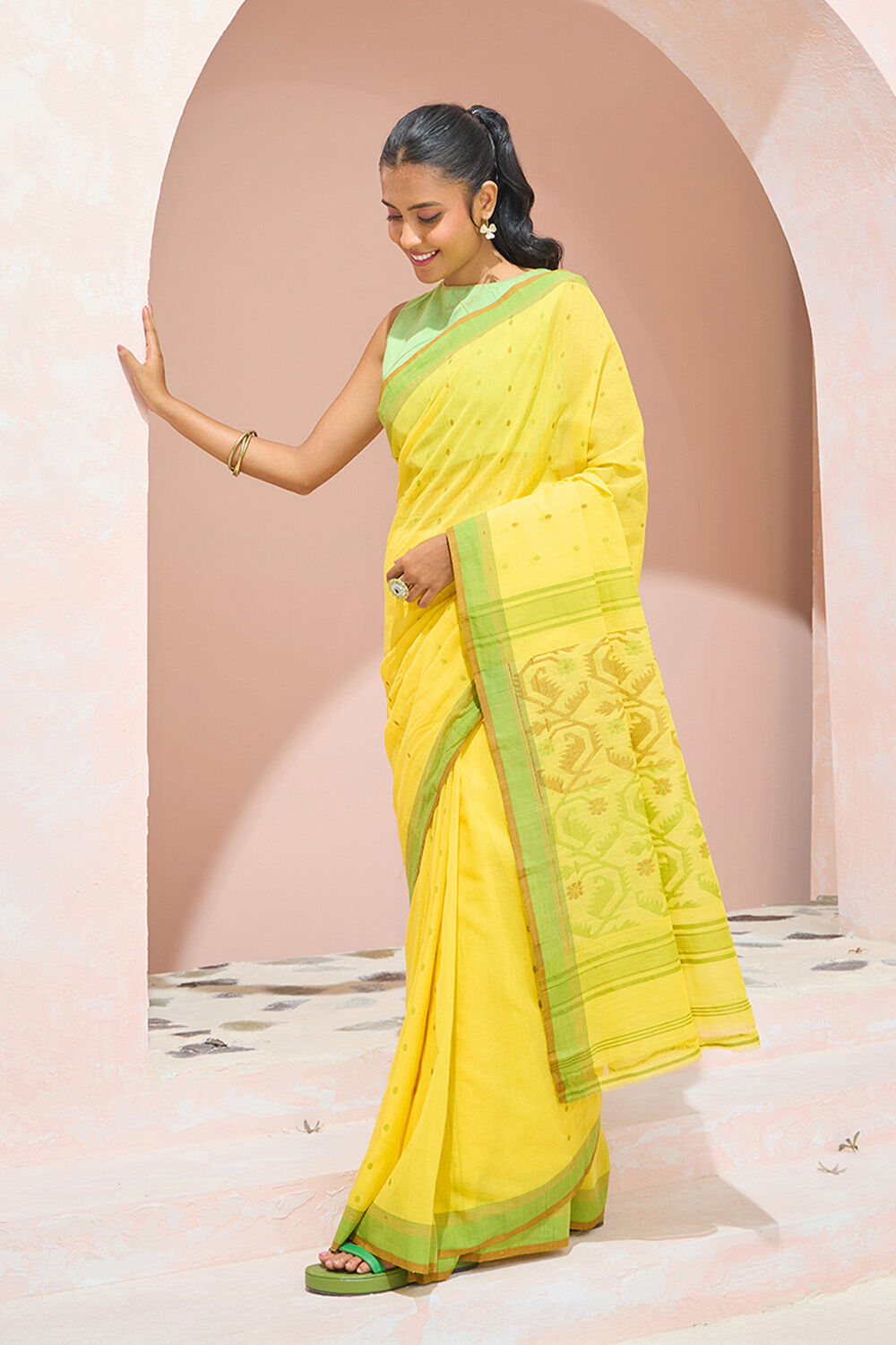 Yellow Cutwork Pure Cotton Bengal Saree image number null