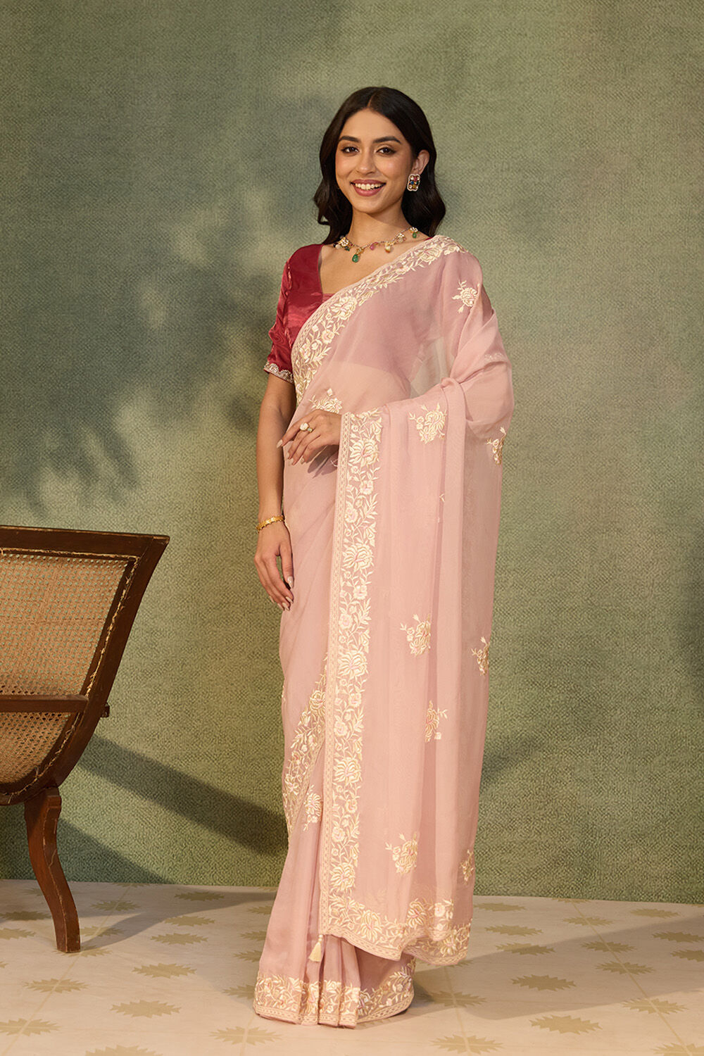 Light Pink Banarasi Viscose Organza Embroidered Saree image number null