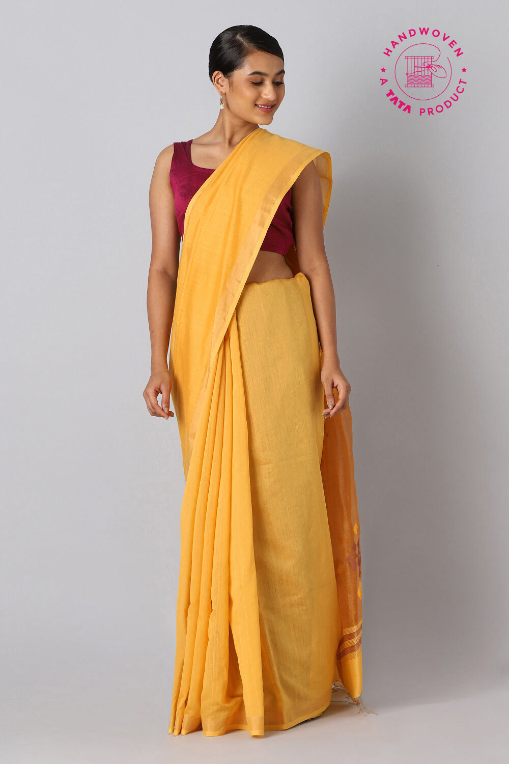 Yellow Pure Silk Cotton Jamdani Saree image number null