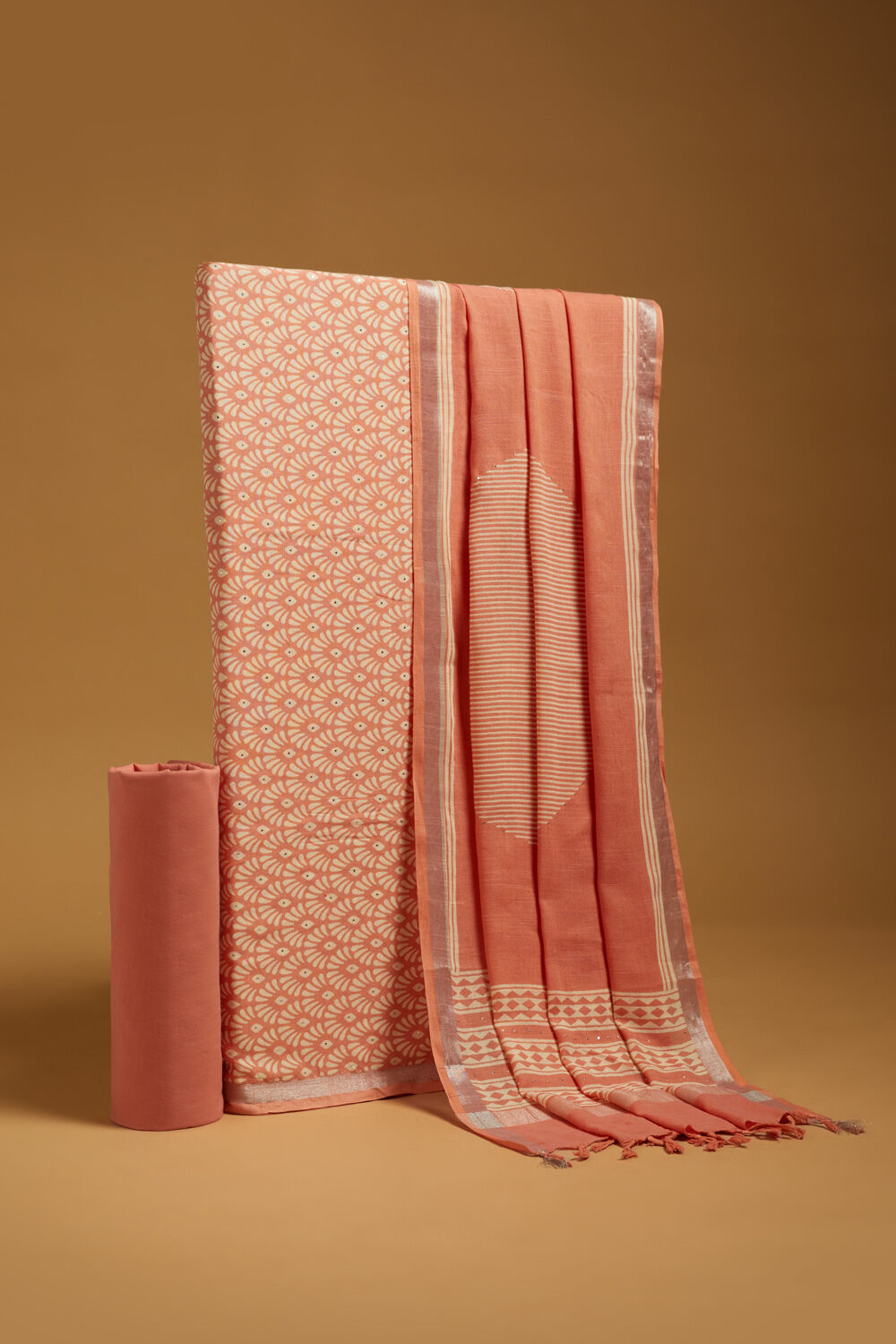 Orange Screen Printed Pure Cotton Linen Unstitched Suit Set image number null