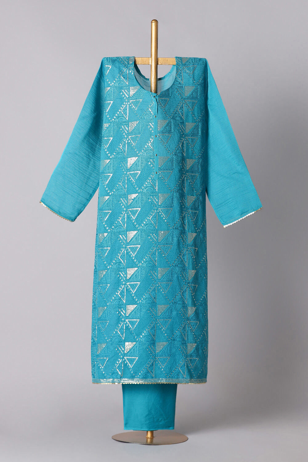 Blue Silk Cotton Embroidered Semistitched Suit Set image number null