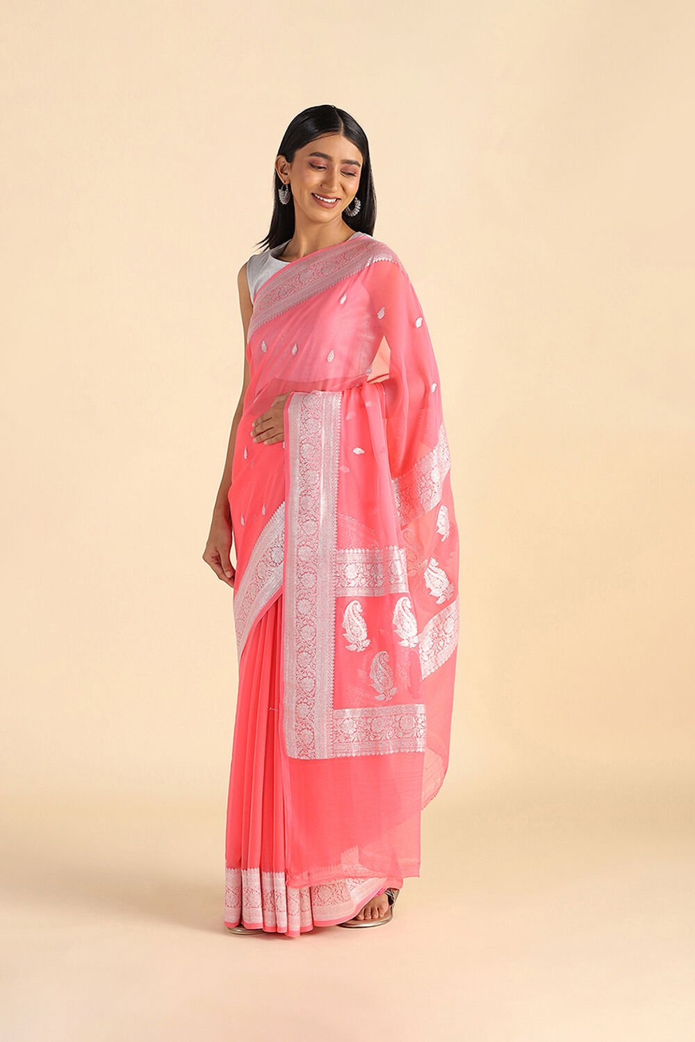 Light Orange Handwoven Banarasi Pure Georgette Saree image number null