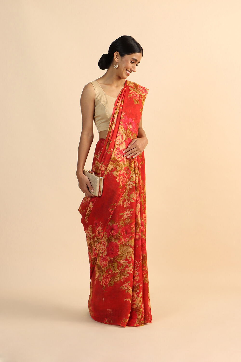 Light Red Pure Linen Digital Printed Saree image number null