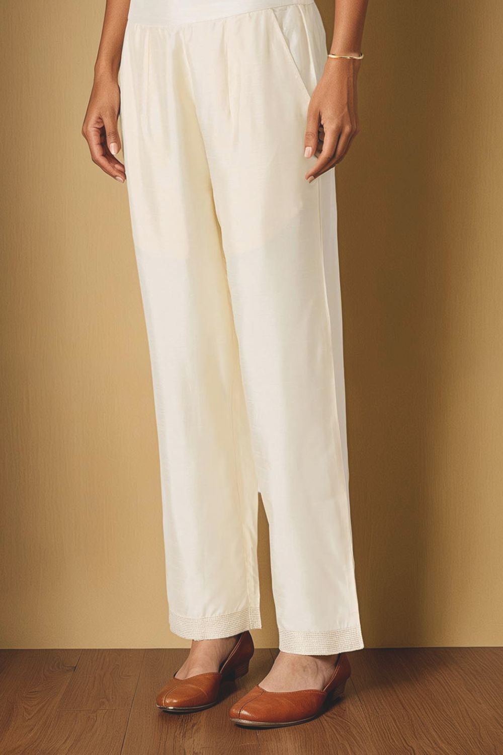 Off White Viscose Embroidered Trouser image number null