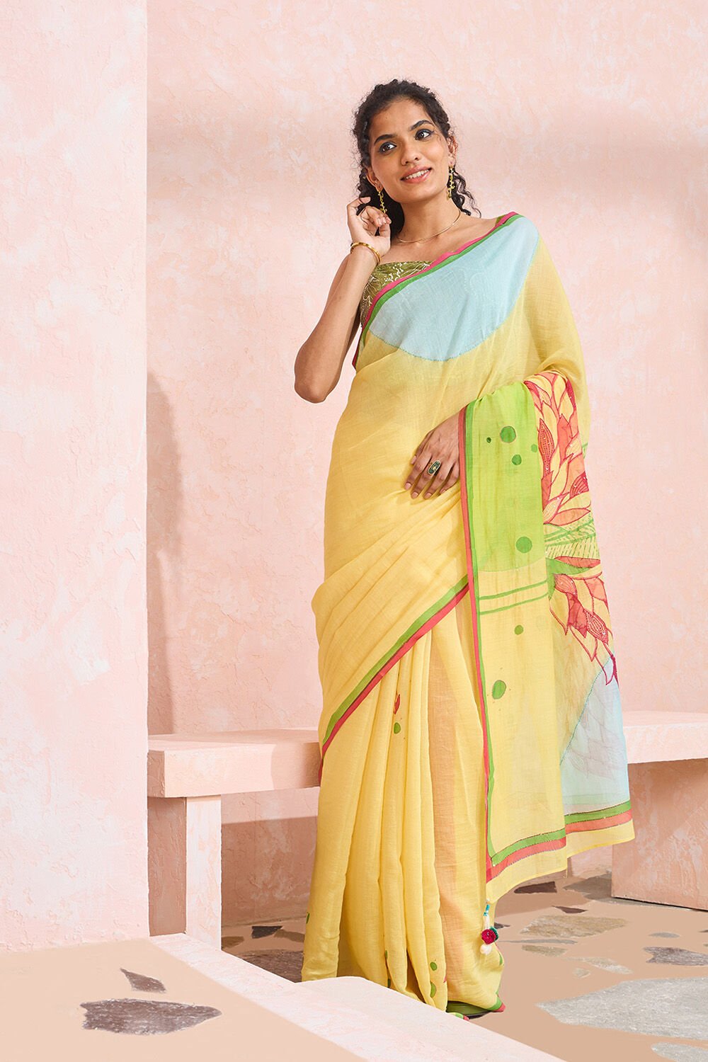 Light Yellow Bengal Pure Silk Cotton Hand Painted Saree image number null