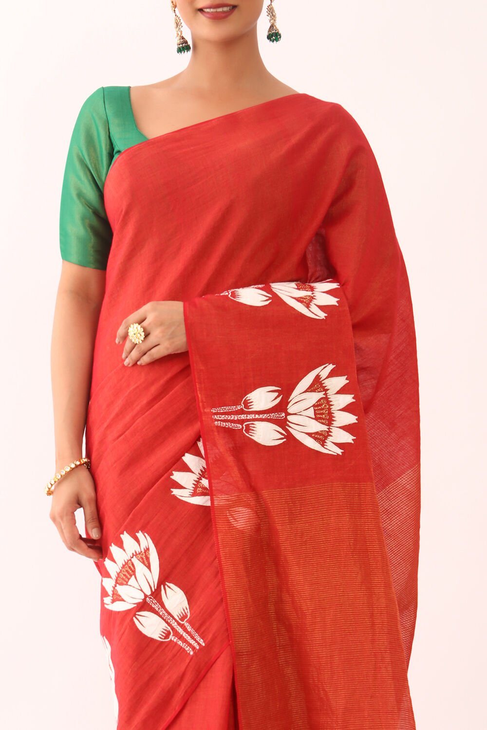 Red Applique Pure Cotton Bengali Saree image number null