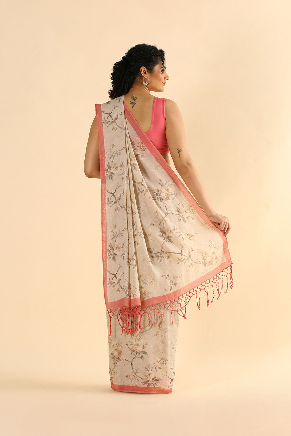 Beige Pure Linen Digital Printed Saree image number null