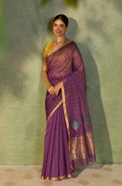 Purple Woven Pure Silk Cotton Chanderi Saree