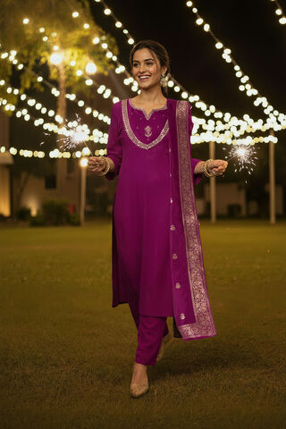 Purple Viscose Embroidered Kurta Set image number