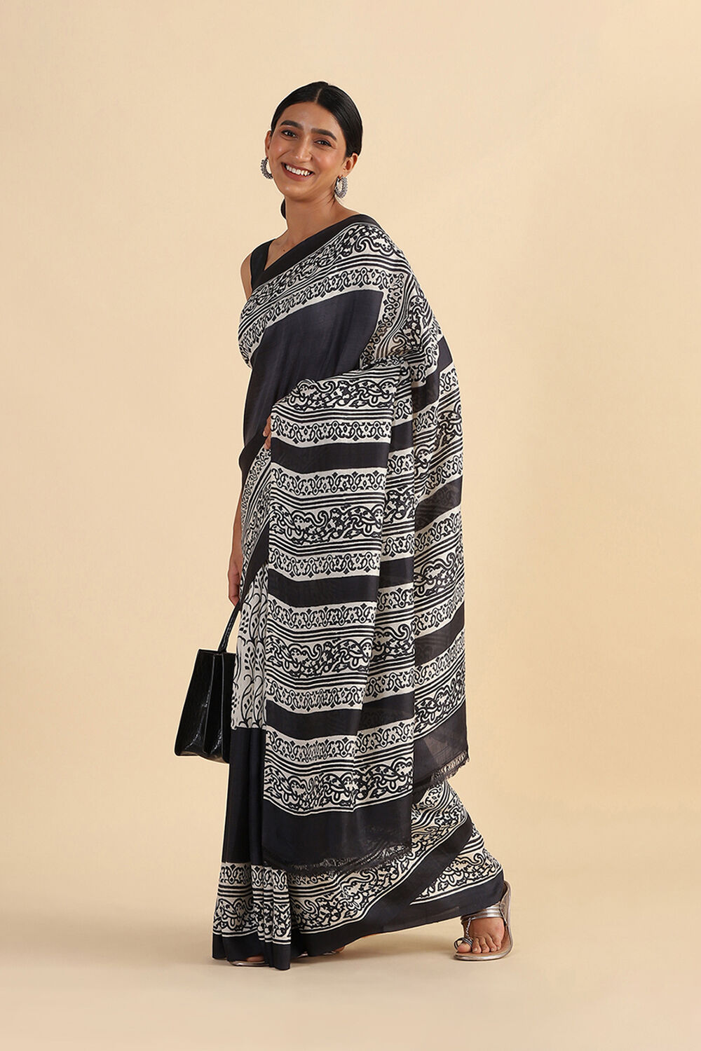 Grey Hand Blockprinted Pure Silk Saree image number null