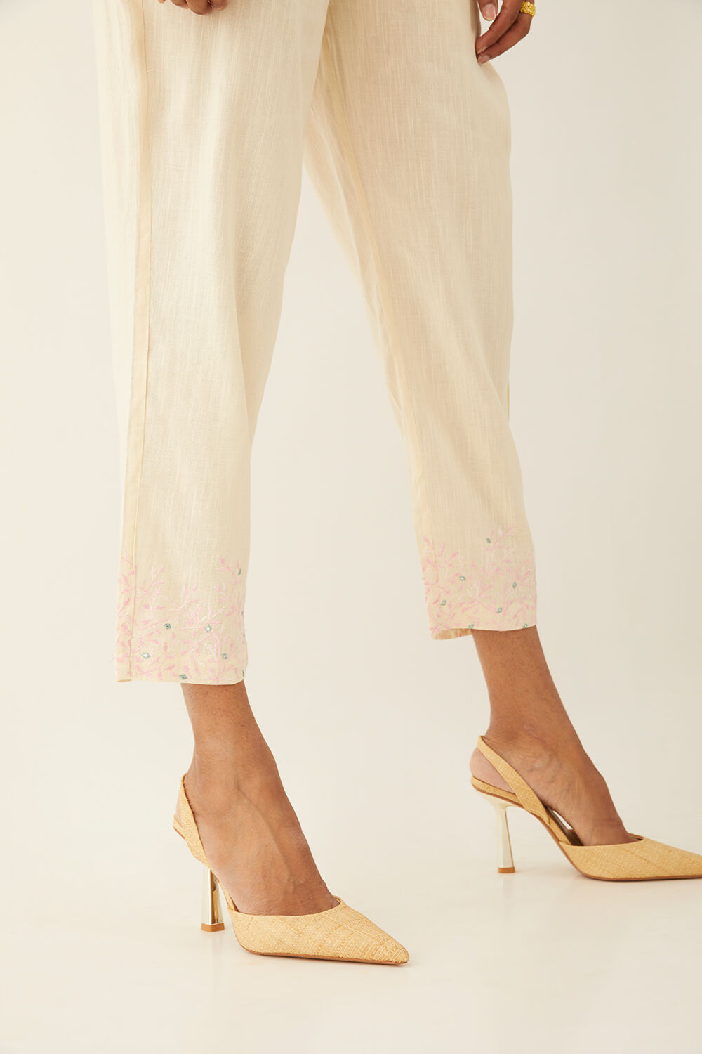 Off White Viscose Embroidered Trouser image number null