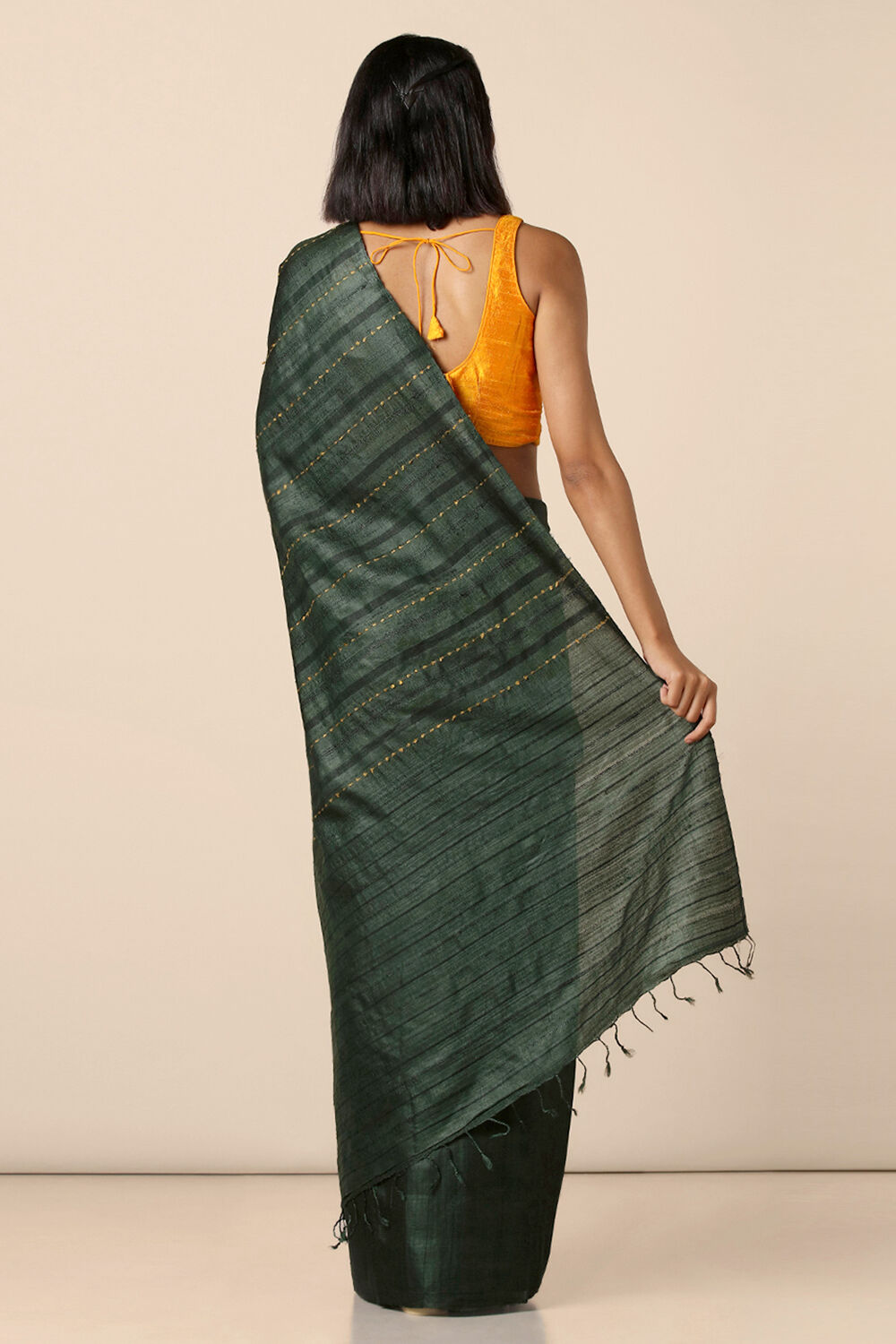 Dark Green Handwoven Pure Tussar Silk Saree image number null