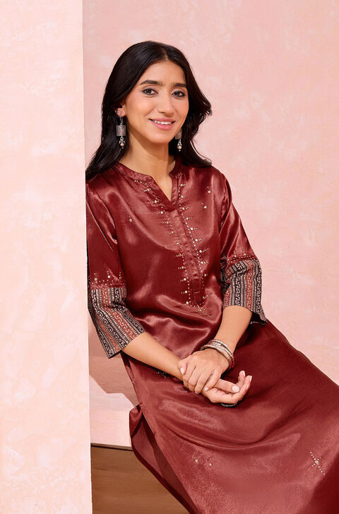 Dark Red Viscose Cotton Embroidered Kurta