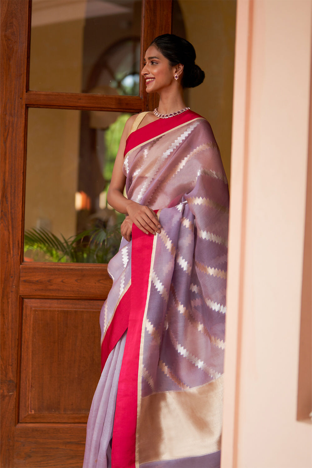 Violet Pure Silk Organza Kadwa Banarasi Saree image number null