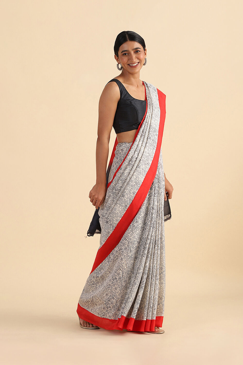 Grey Hand Blockprinted Pure Silk Saree image number null