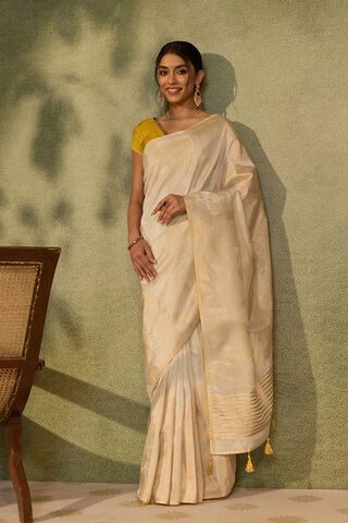 Off White Viscose Tissue Printed Embroidered Saree thumbnail image number null