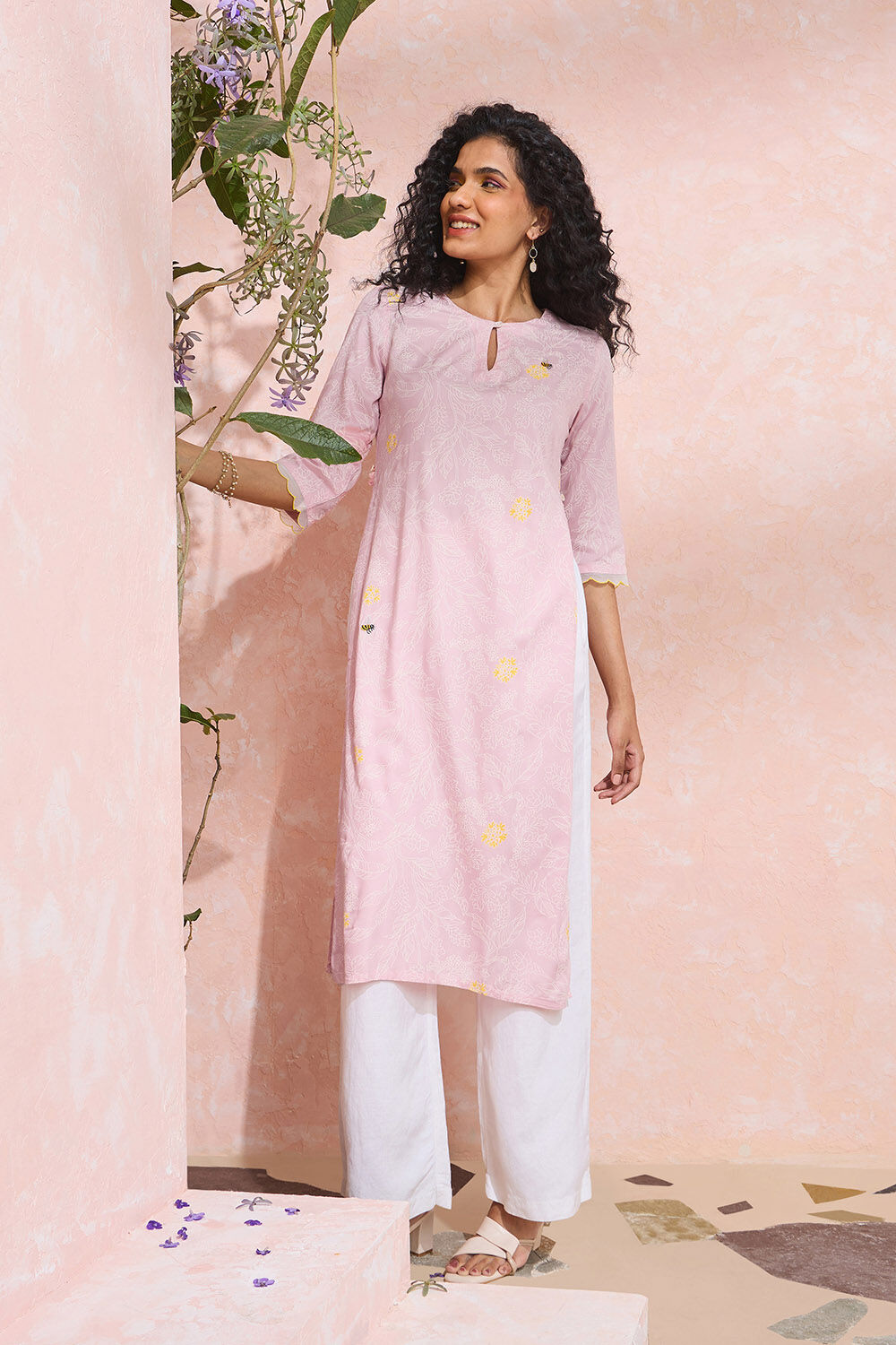 Light Pink Screen Printed Viscose Kurta image number null