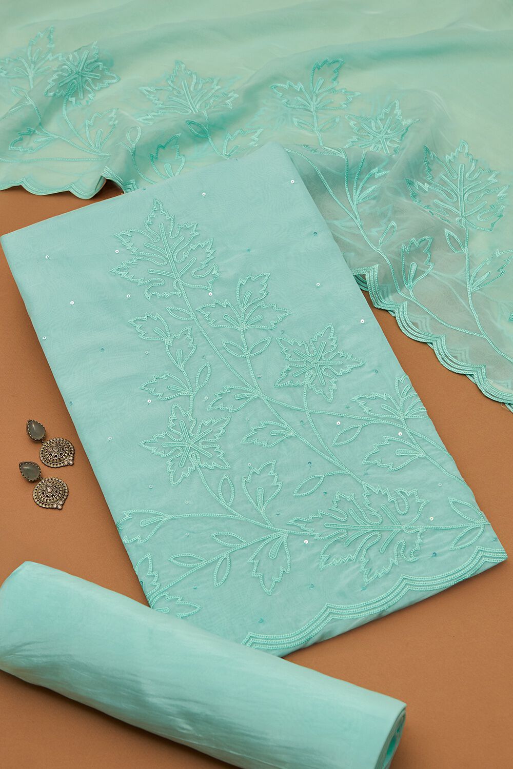 Light Blue Viscose Embroidered Unstitched Suit Set image number null