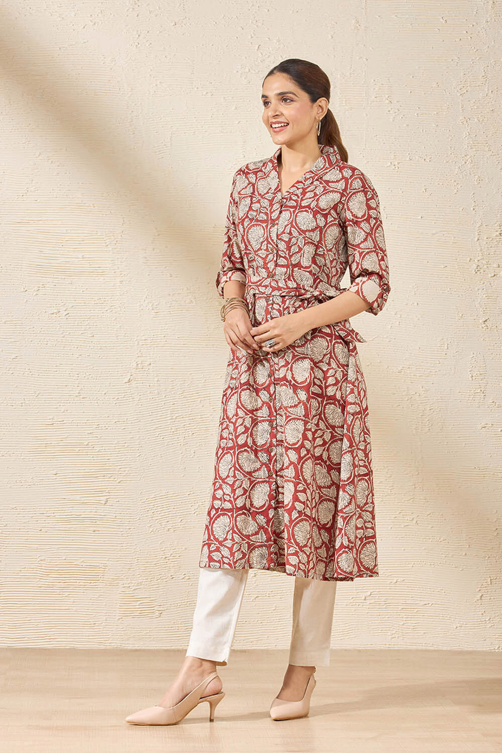 Red Pure Cotton Printed Sanganeri Kurta image number null