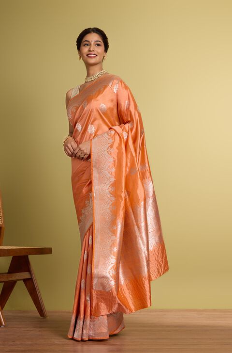 Light Orange Pure Silk Kadwa Banarasi Saree