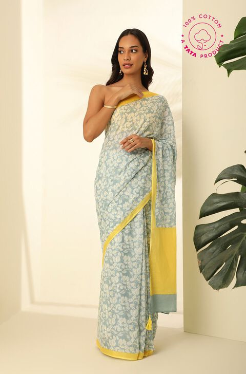 Grey Pure Cotton Mulmul Printed Bengali Saree