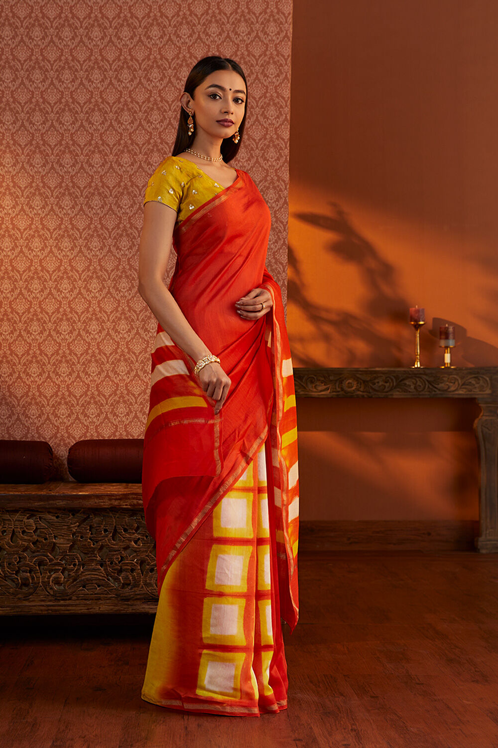 Orange Rajasthan Silk Cotton Tie and Dye Shibori Saree image number null
