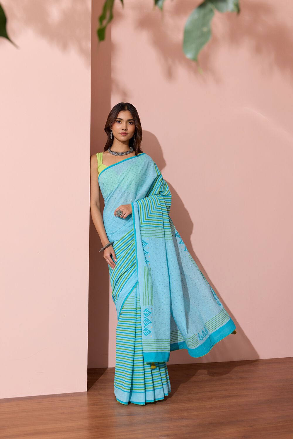 Light Blue Pure Cotton Block Printed Bengal Saree image number null